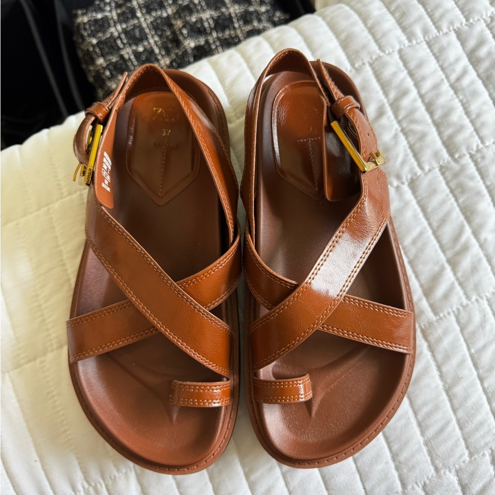 Zara Brown Leather Crisscross Strap Sandals - Picture 4 of 6